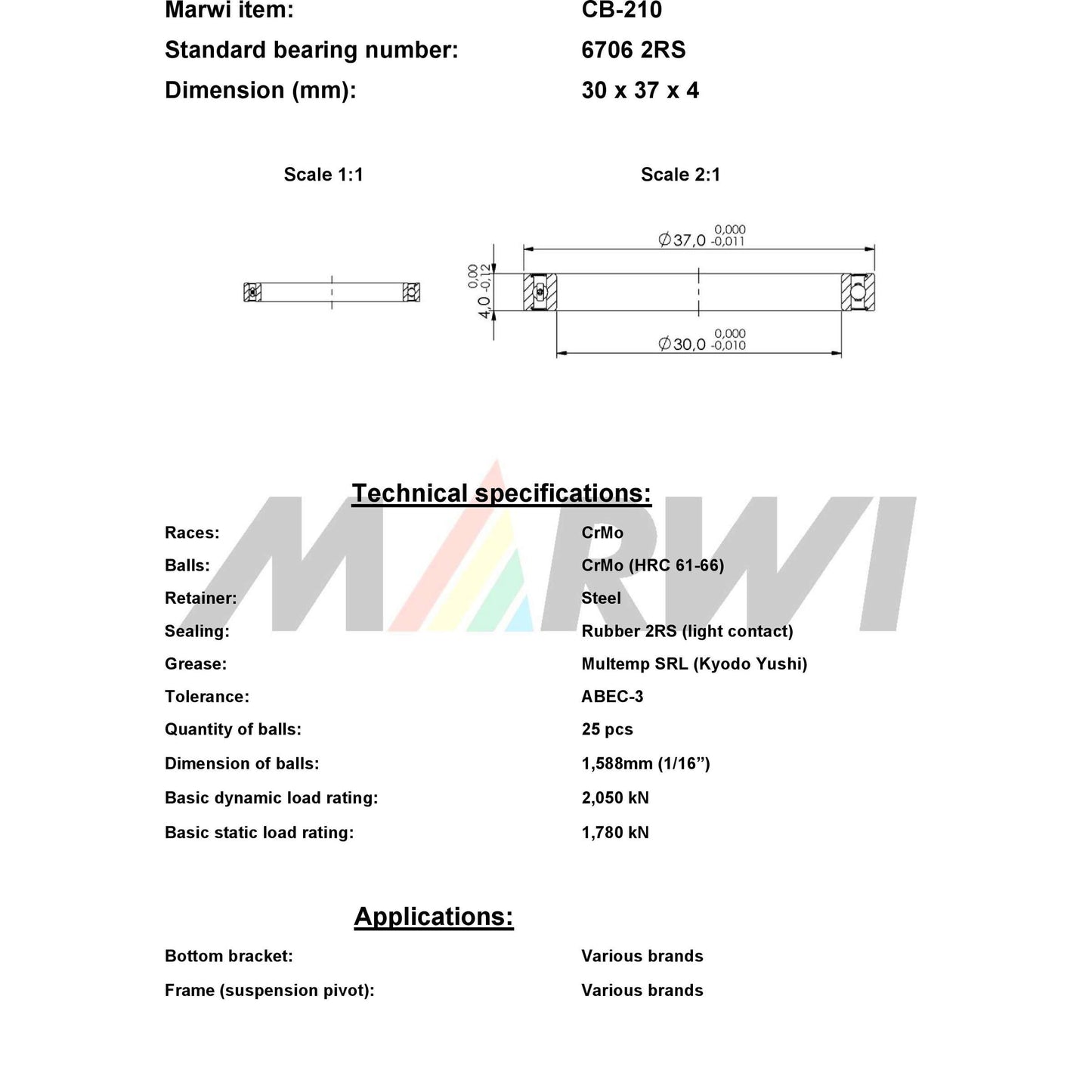 UNION kugellager ball bearing cb-210 30x37x4