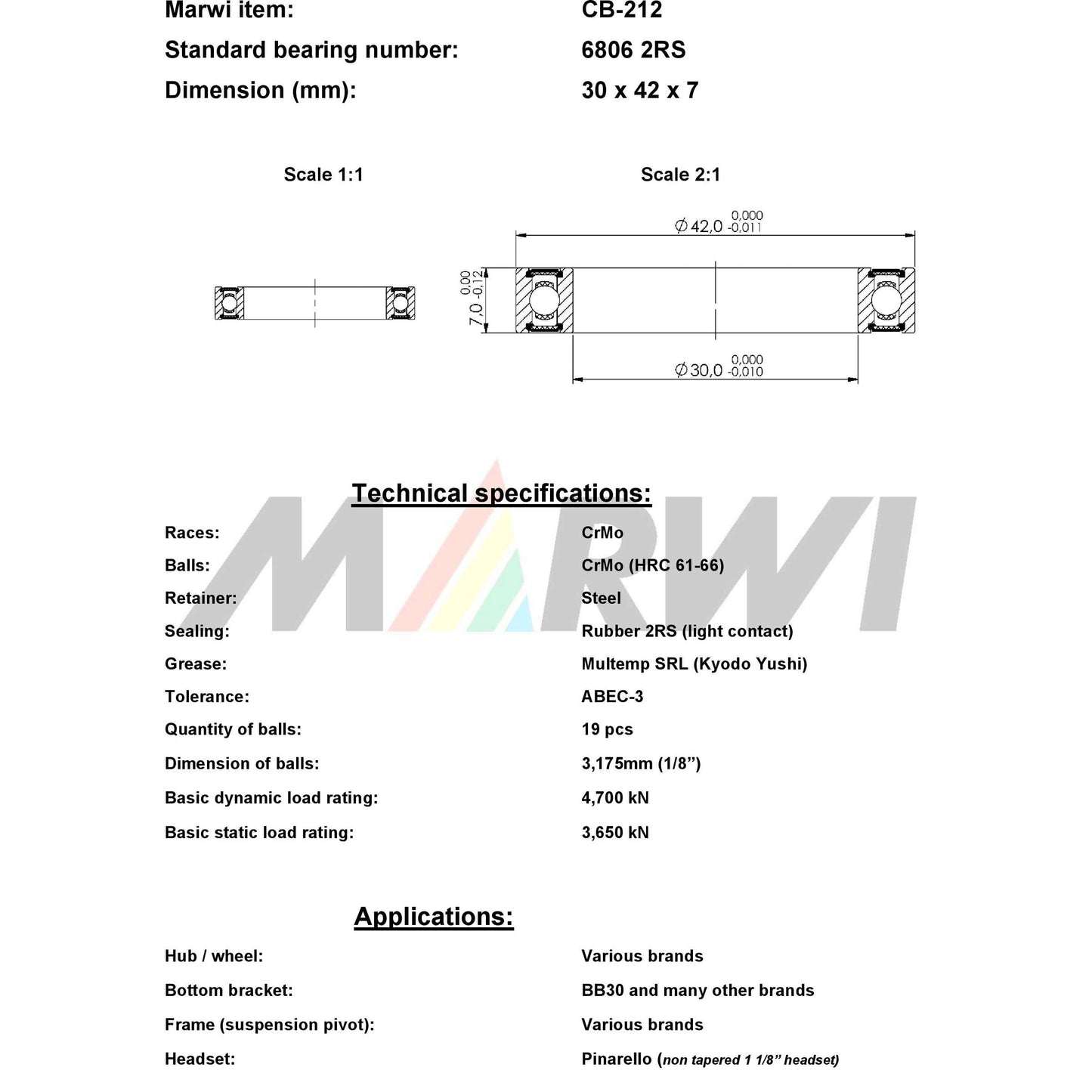 Union Kogellager marwi cb-212 6806 2rs 30 x 42 x 7