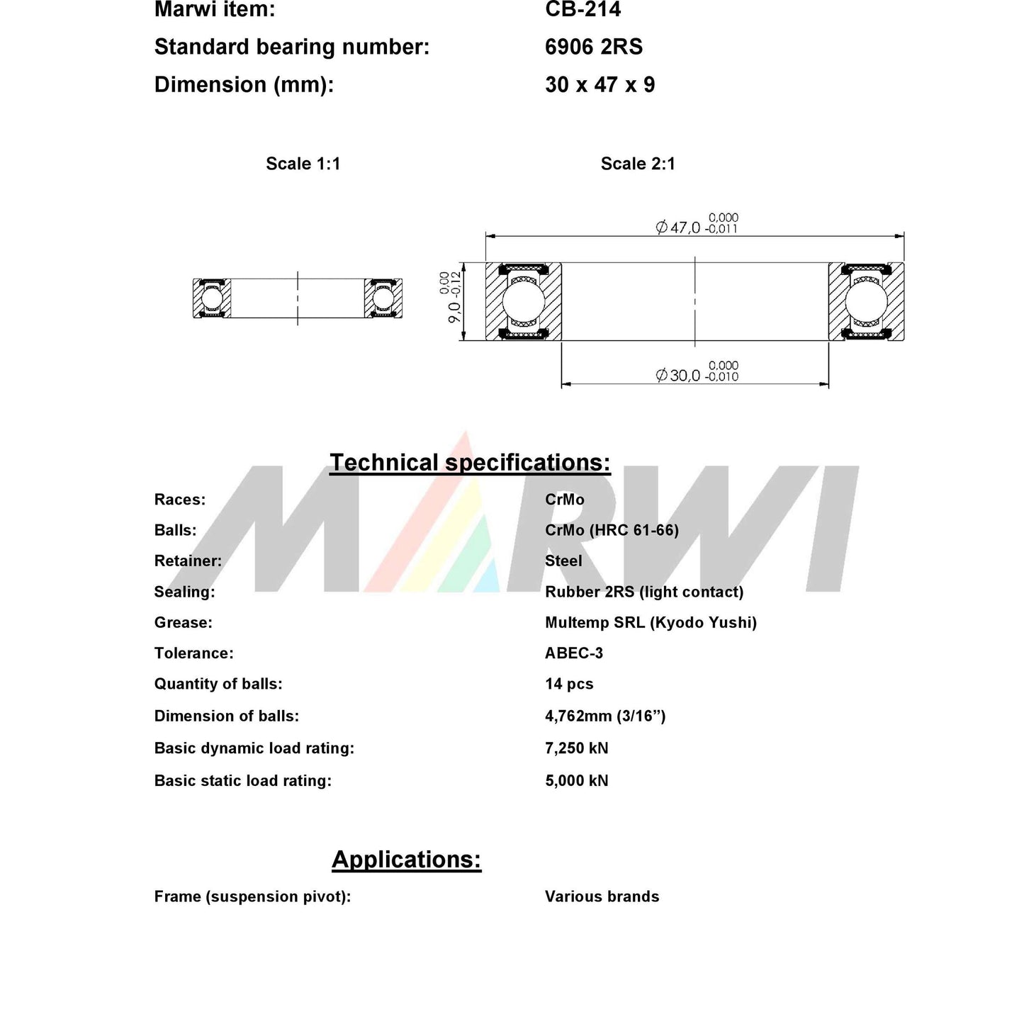 UNION kugellager ball bearing cb-214 30x47x9