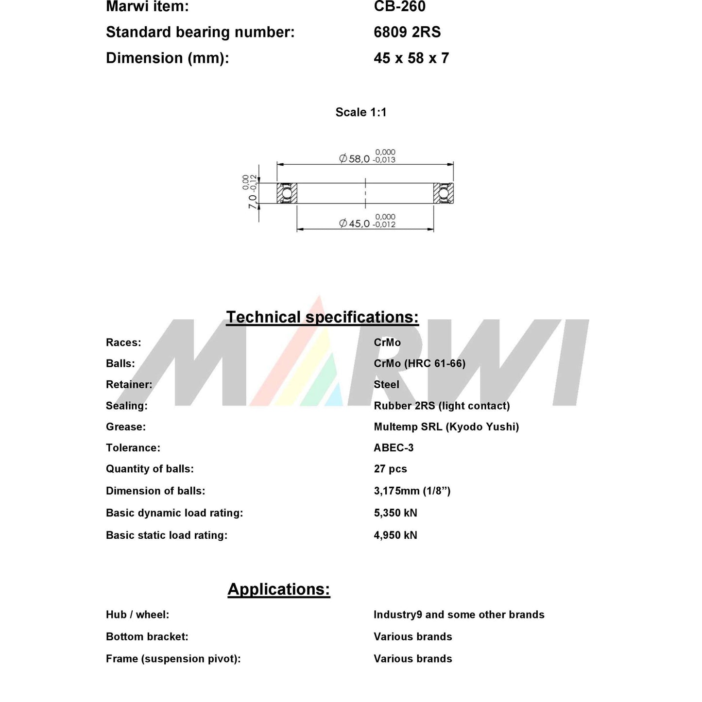UNION kugellager ball bearing cb-260 45x58x7