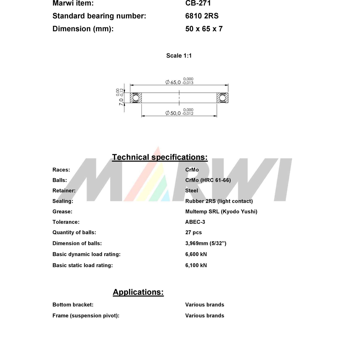 UNION kugellager ball bearing cb-271 50x65x7