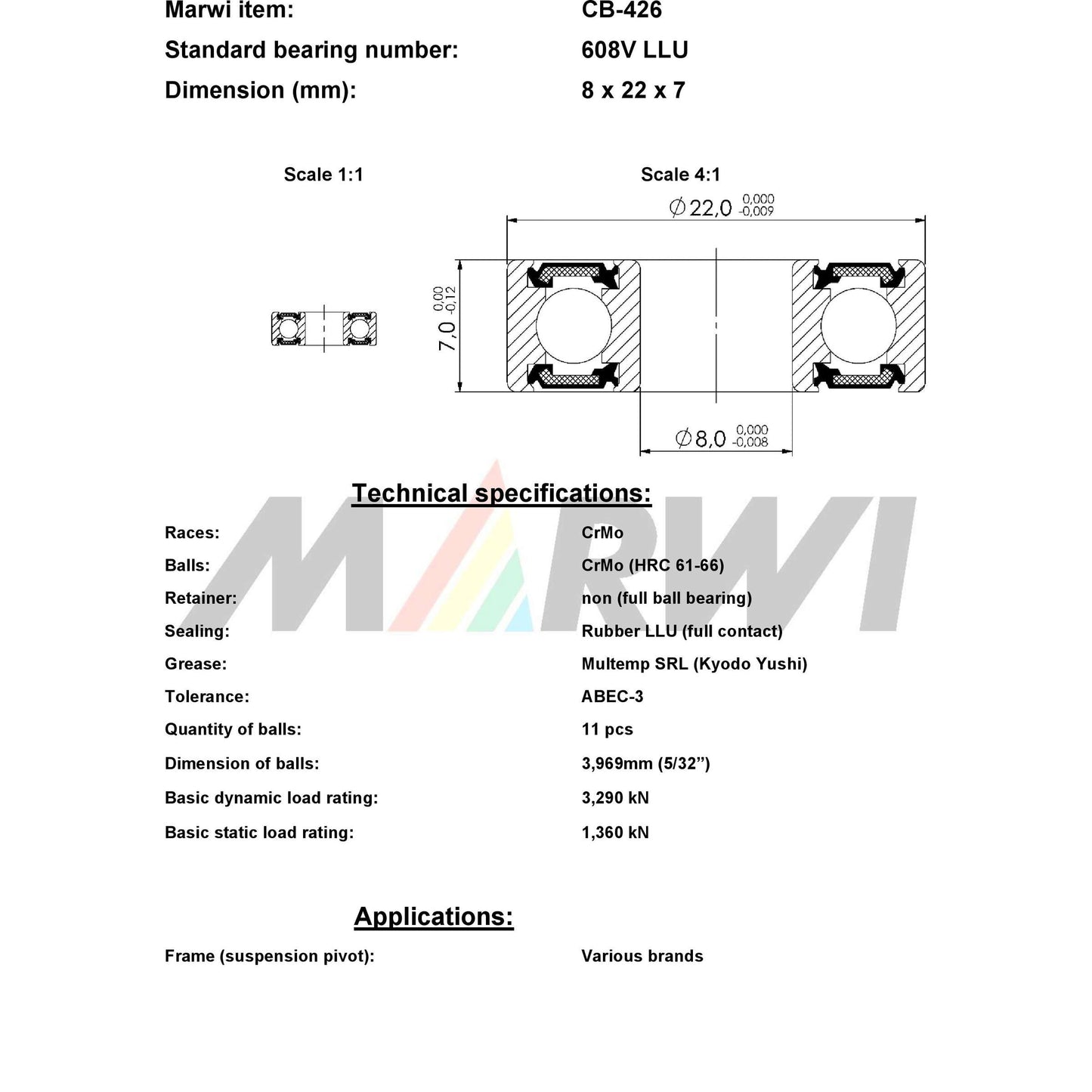 UNION kugellager ball bearing cb-426 8x22x7