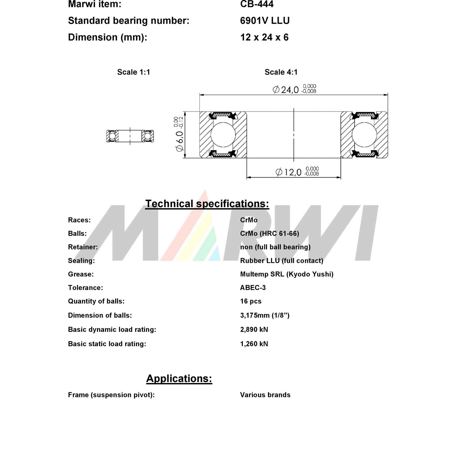 UNION kugellager ball bearing cb-444 12x24x6