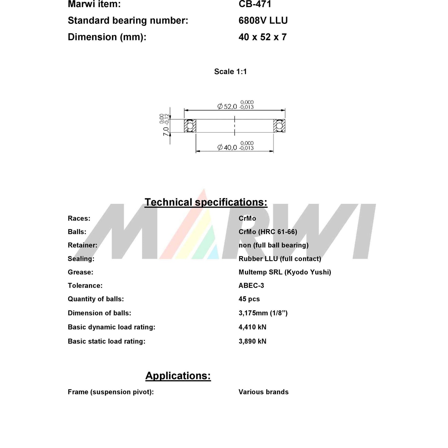 UNION kogellager ball bearing cb-471 40x52x7