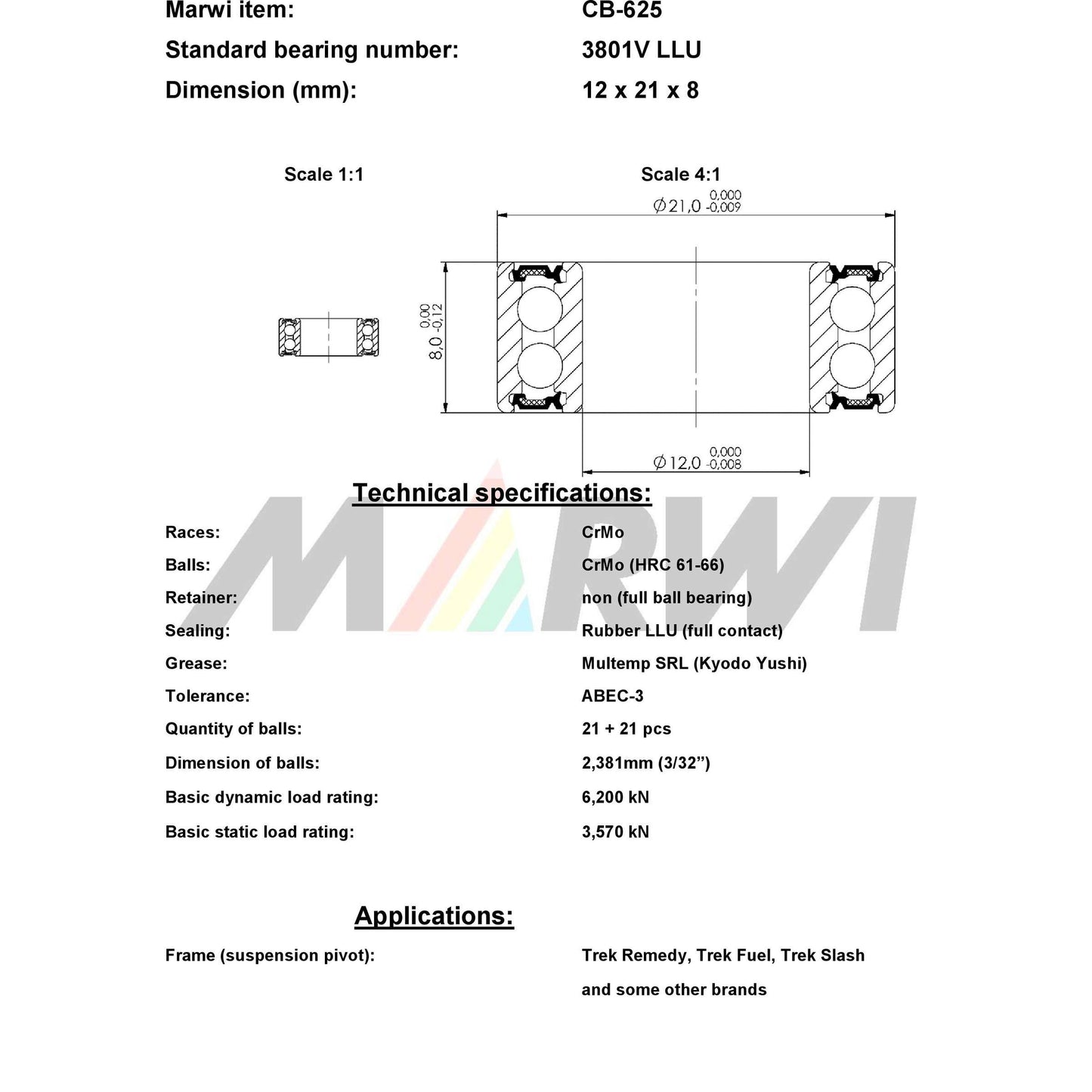 UNION kugellager ball bearing cb-625 12x21x8