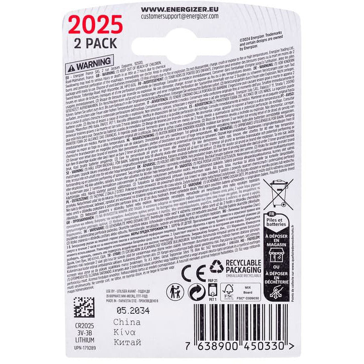 Enerdis Energizer batterij lithium 3v cr2025 blister (2st)