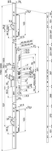 ABLOY el466 veiligheidspaniekmeerpuntssluiting | enkelzijdig krukgestuurd | zelfvergrendelend | skg*** | dm35mm | pc92mm | voorplaat rvs 24x2000mm u-vormig | 12 24v dc | dr 1+2+3+4 - 10037688