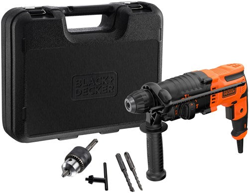 Black+Decker behs01k 650w 1.4j sds+ boorhamer | zijhandgreep | dieptestop | 6mm en 8mm betonboor | boorkopadapter | in koffer - behs01k-qs
