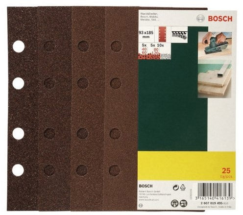 Bosch Accessoires 25-delige schuurbladenset vlak 93x185 voor vlakschuurmachines, korrel 40, 60, 80, 120 - 2607019495