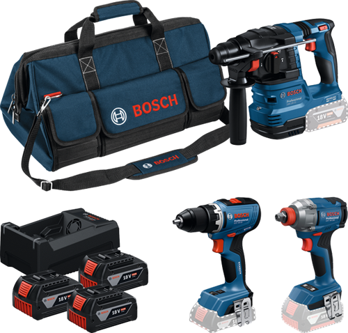 Bosch Blauw accutoolkit 3 toolkit 18v gsr 18v-65 + gdx 18v-285 + gbh 18v-22 | 3x gba 18v 5.0ah + lader gal 12v-18v-80 - 0615a50093