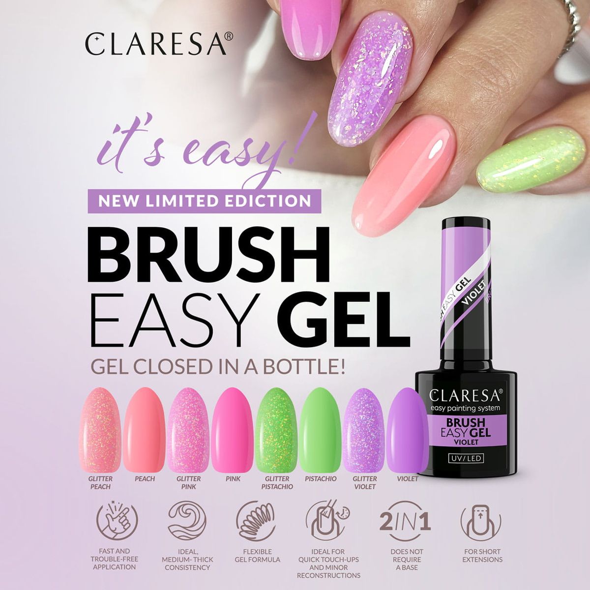 Claresa brush easy gel glitter pink 5ml