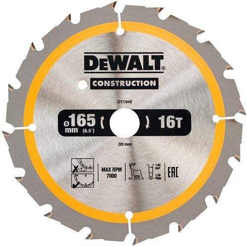 DeWalt Accessoires cirkelzaagblad 165x20x16t, wisseltand, positief 24°, kerf 1,6mm - dt1948-qz