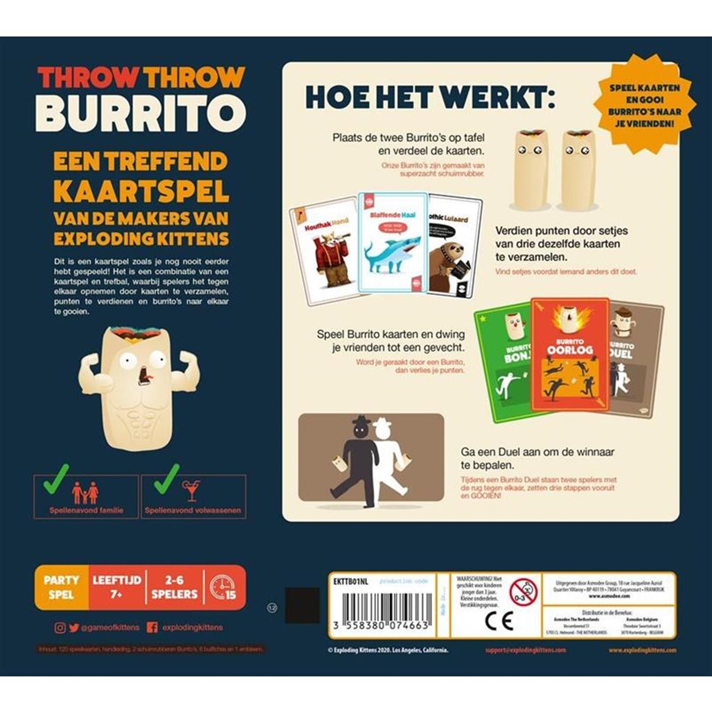 Exploding Kittens Throw throw burrito – - hilarisch partyspel – kaartspel voor familie en vrienden - gooi met squishy burrito's! - nederlandstalig