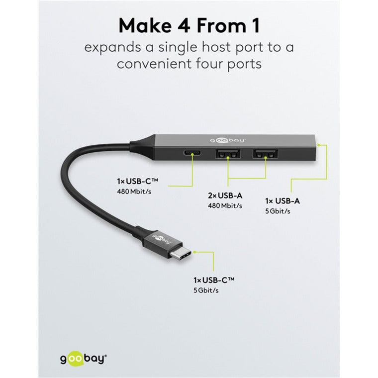 Goobay slanke usb-hub met 4 poorten, usb-c naar usb-c usb-a, 5 gbit s (lichtgrijs)