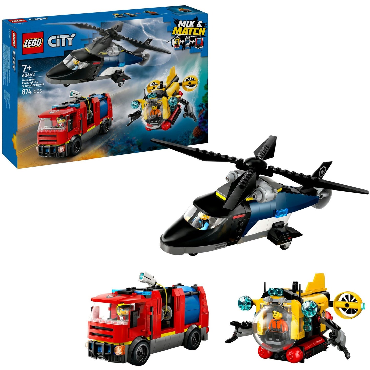 LEGO city - helikopter, brandweerauto en onderzeeër remix constructiespeelgoed (60462 | set van 3 modulaire voertuigen)