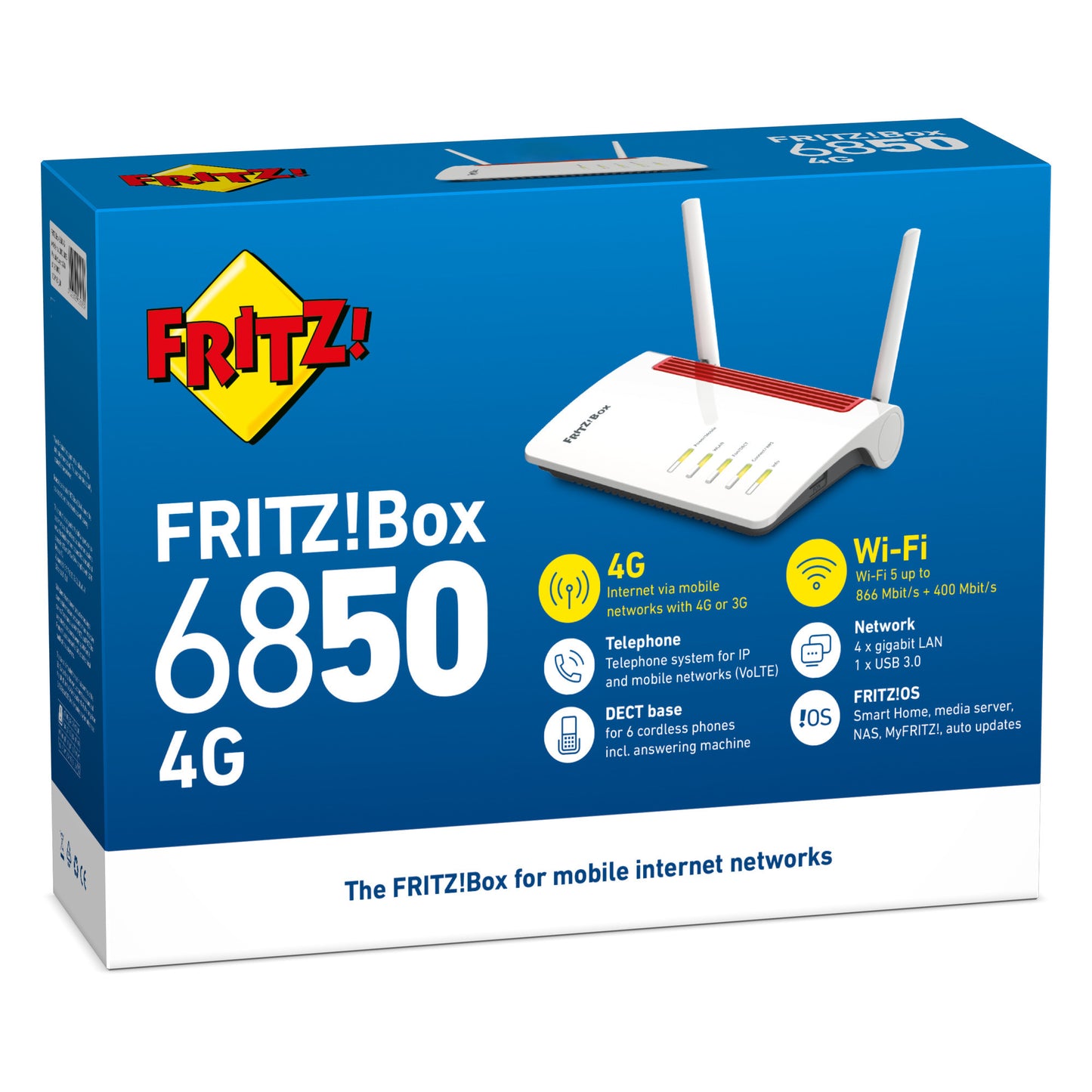 FRITZ! box 6850 4g edition international router (wit rood, mesh wi-fi, 4g 3g)