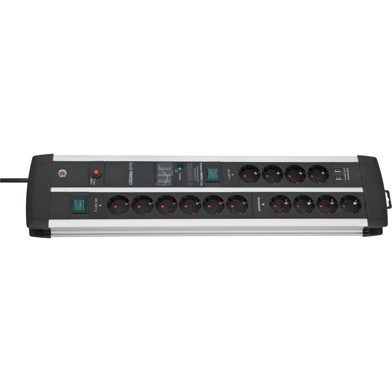 Brennenstuhl premium-protect-line 120.000a duo stekkerdoos 14-voudig met overspanningsbeveiliging en usb stekkerdoos (zwart zilver, 2x usb, 3 meter)