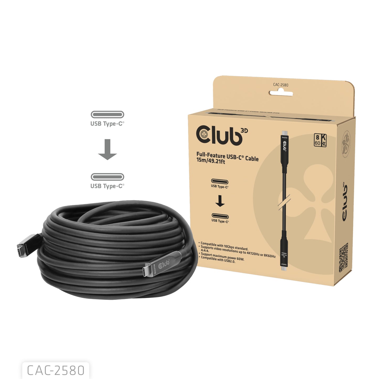 Club 3D full-feature usb-c kabel, 15m (zwart, 8k60hz 10gbps 60w)