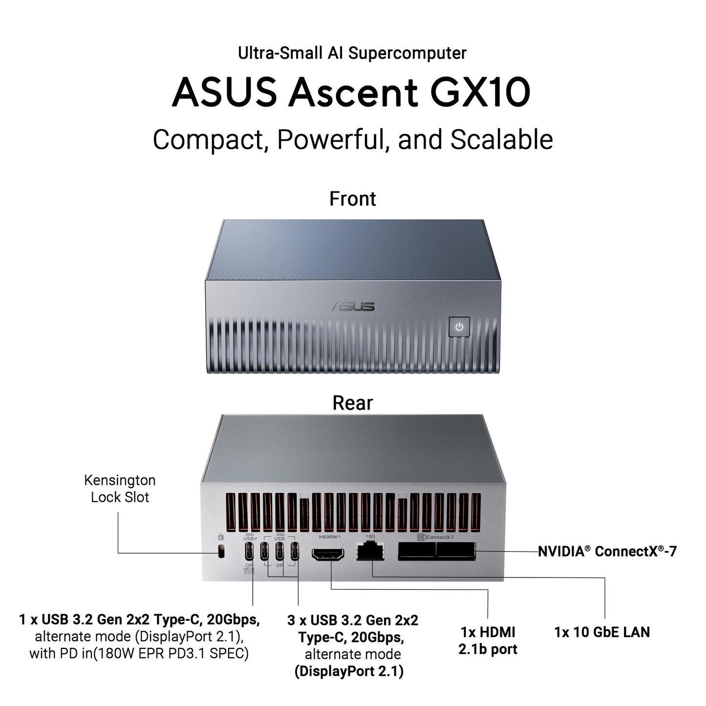 ASUS ascent gx10 arm v9.2-a 128 2 mini-pc (donkergrijs | nvidia gb10 grace blackwell | dgx spark | nvlink-c2c | 128 gb | 2 tb ssd)