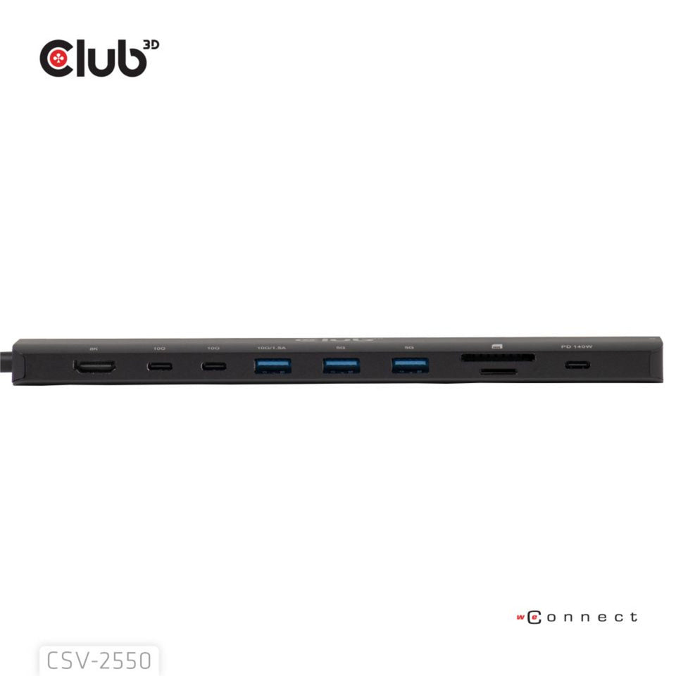 Club 3D 10-1 portable dock usb type-c 10gbps to hdmi 8k30hz pd3.1 max.140 watt dockingstation (zwart, hdmi, usb-c, lan)