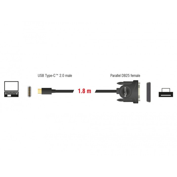 DeLOCK usb-c 2.0 male > 1 x parallel db25 female kabel (zwart, 1,8 meter )
