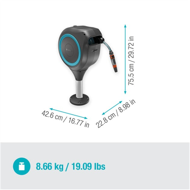 GARDENA patio slangbox rollup slanghaspel (grijs turquoise, 20 meter, incl. reinigingsspuit)
