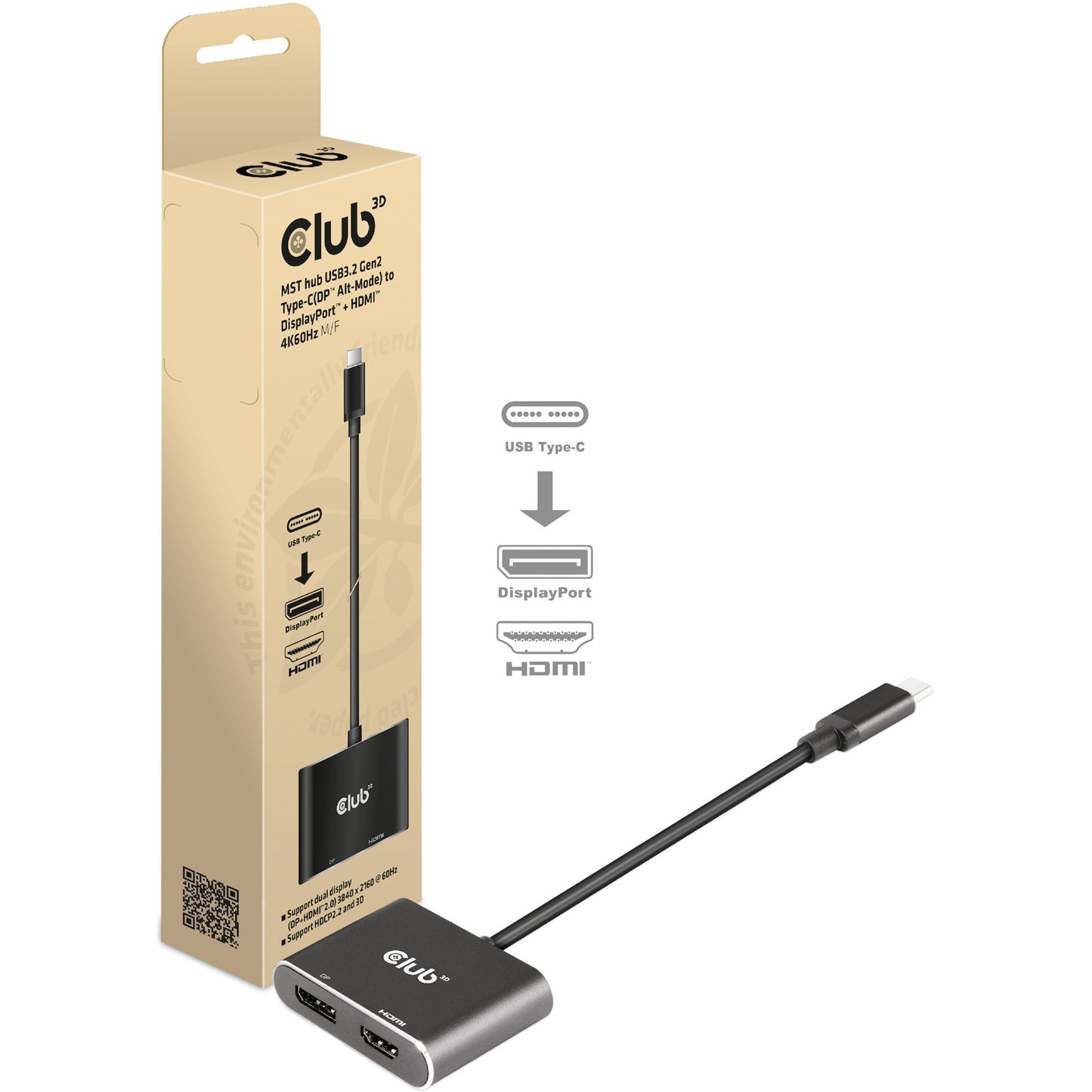 Club 3D mst hub usb3.2 gen2 type-c(dp alt-mode) to displayport + hdmi 4k60hz m f (zwart)