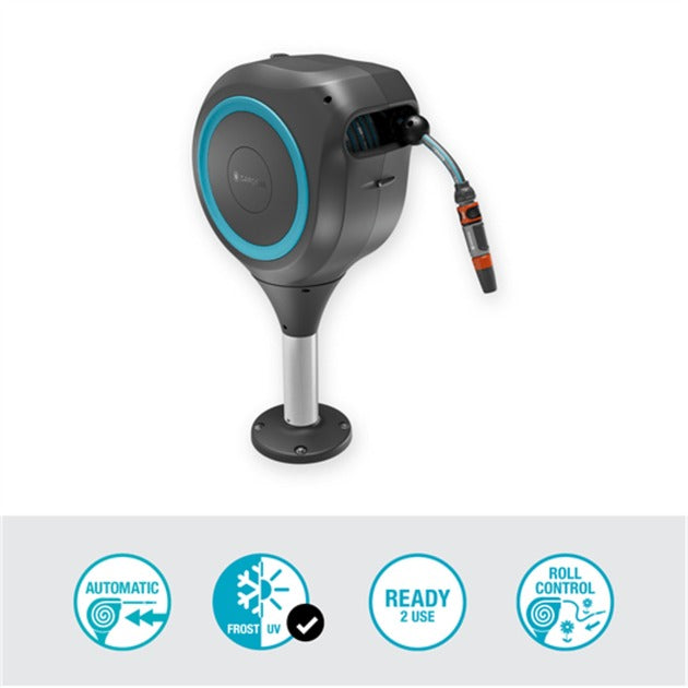 GARDENA patio slangbox rollup slanghaspel (grijs turquoise, 20 meter, incl. reinigingsspuit)