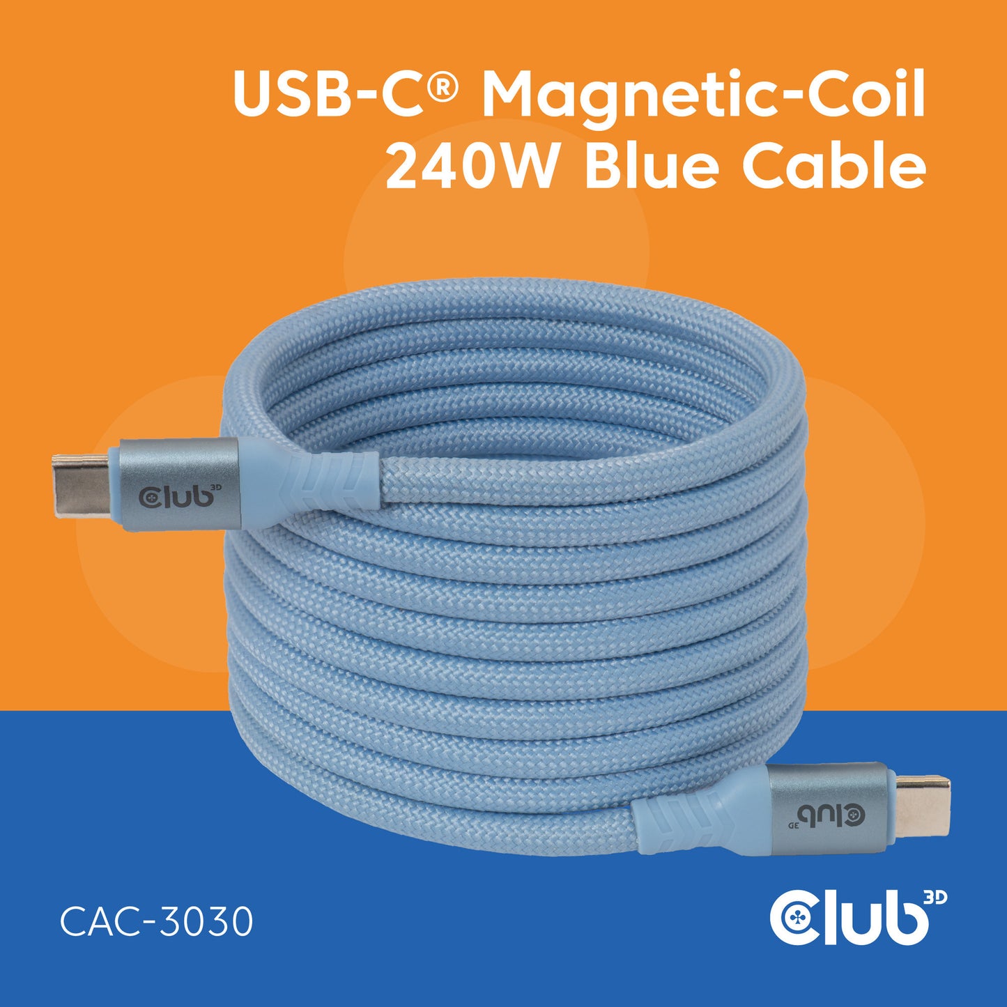 Club 3D usb-c magnetic-coil 240w pd3.1 blue cable, 2 meter kabel (blauw)