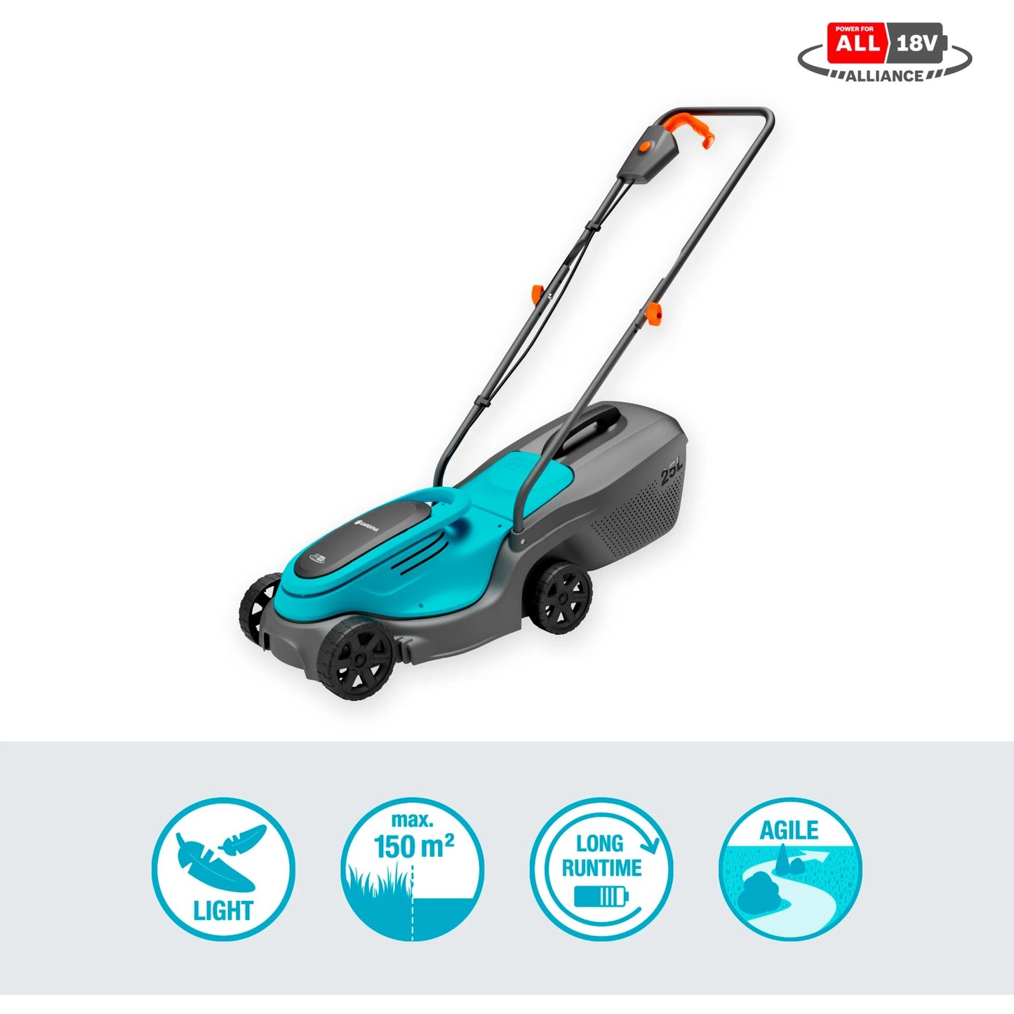 GARDENA accugrasmaaier powermax 30 18v p4a set (zwart turquoise, incl. li-ion accu 4,0ah, power for all alliance)