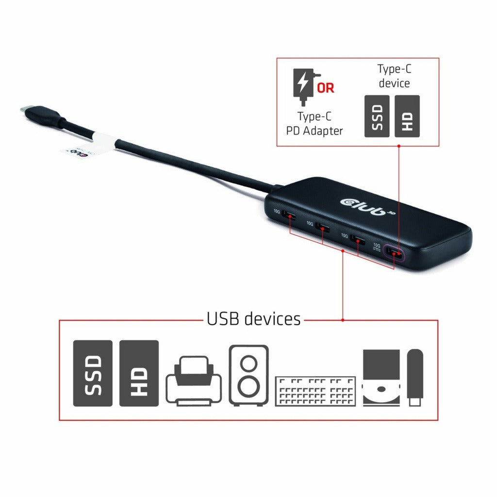 Club 3D usb-c 4-poorts 10g-datahub met pd3.0 usb-hub (zwart)