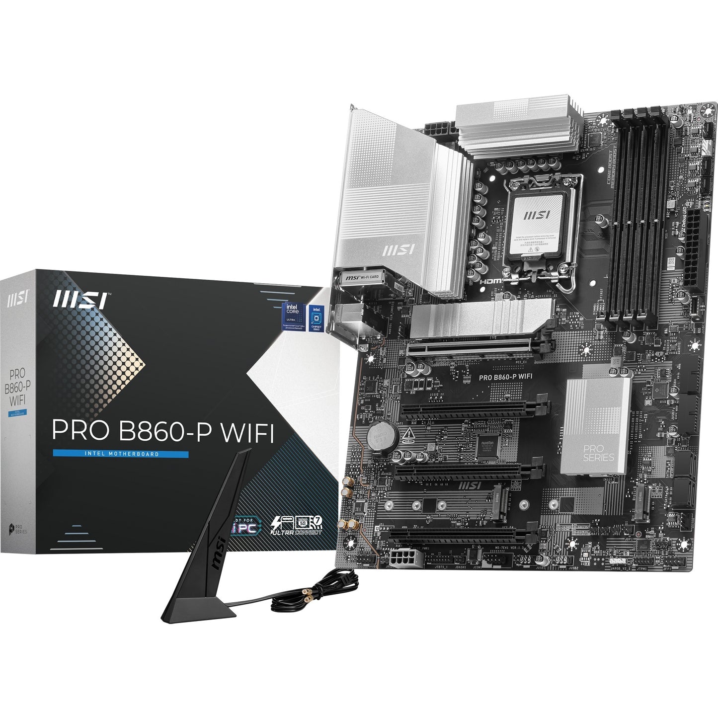 MSI pro b860-p wifi socket 1851 moederbord (zilver, raid, 5gb-lan, wi-fi 7, bt, sound, atx)