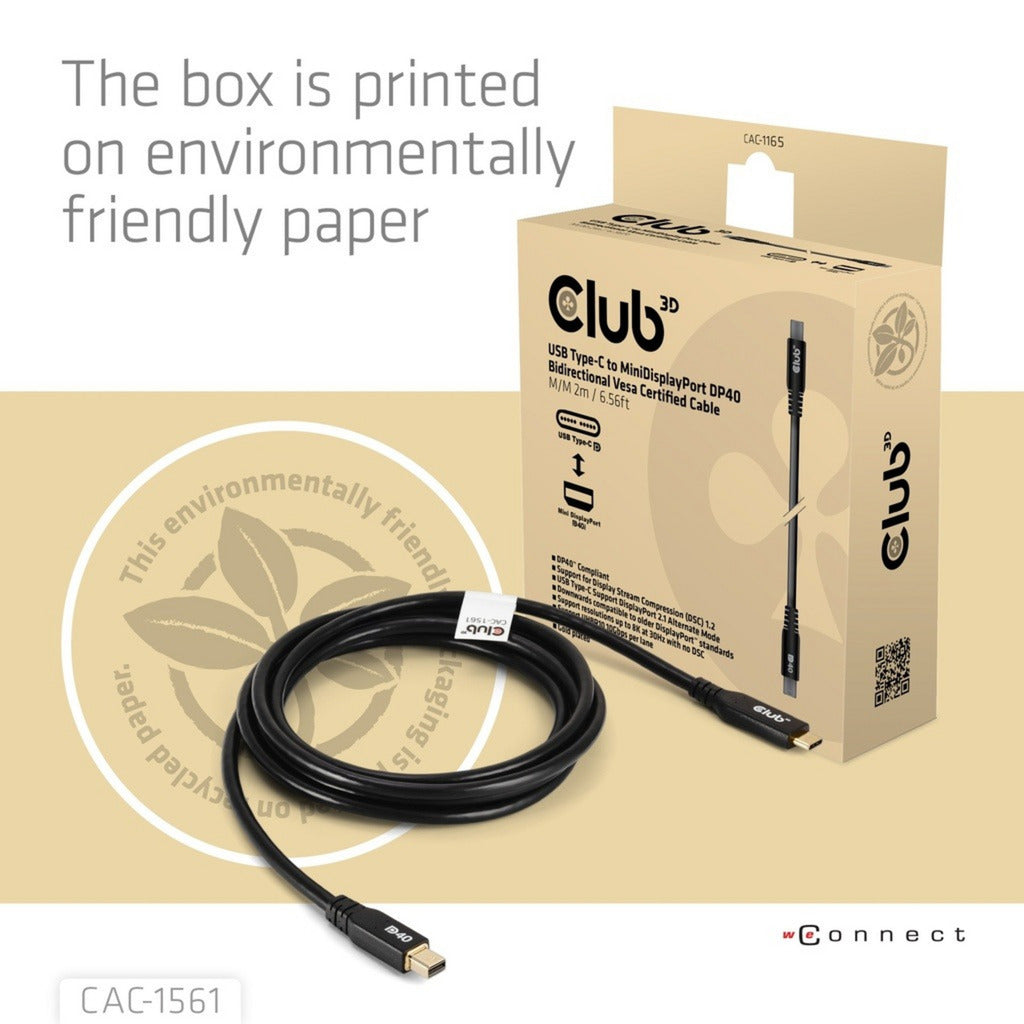 Club 3D usb-c naar minidisplayport dp40 bidirectioneel adapter (zwart, 2 meter, vesa-gecertificeerd)