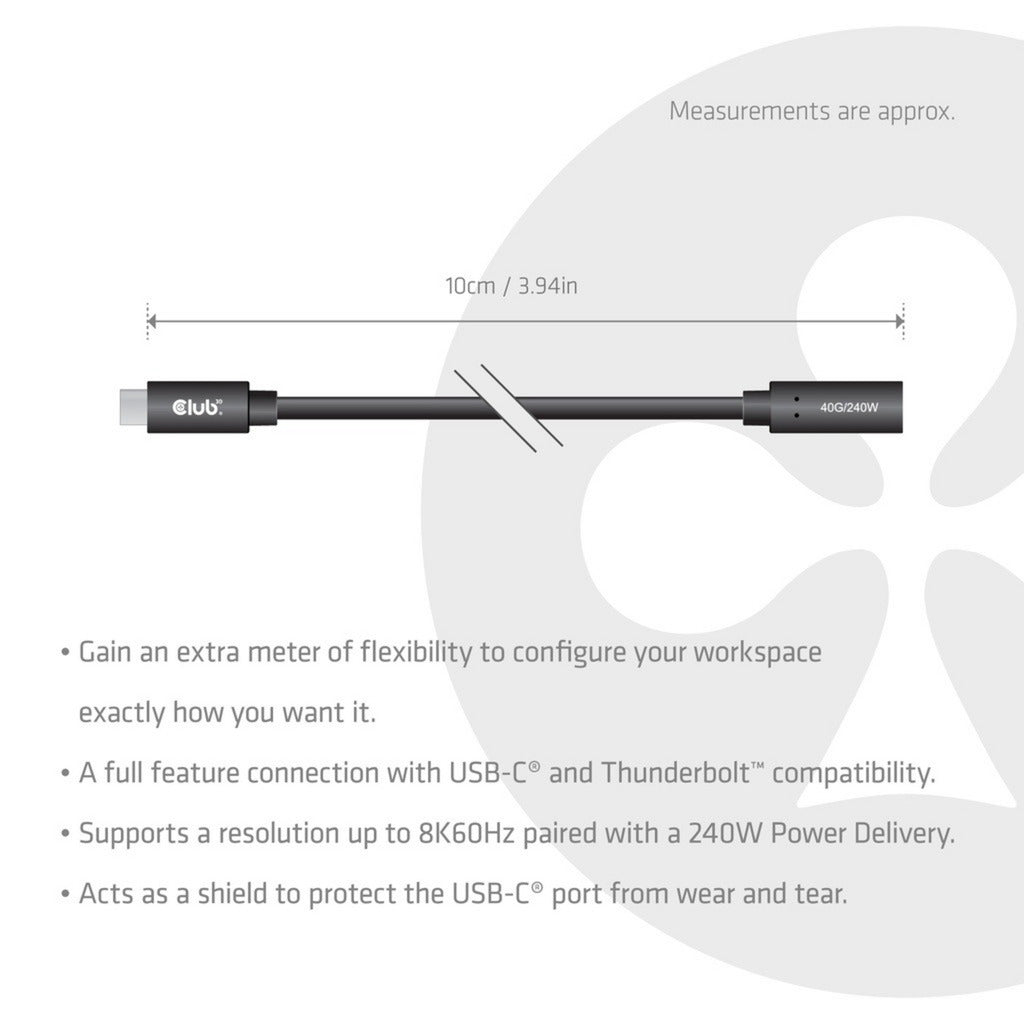 Club 3D usb-c 40 gbps verlengkabel (zwart, 1 meter, 8k 60hz, pd 240 watt)