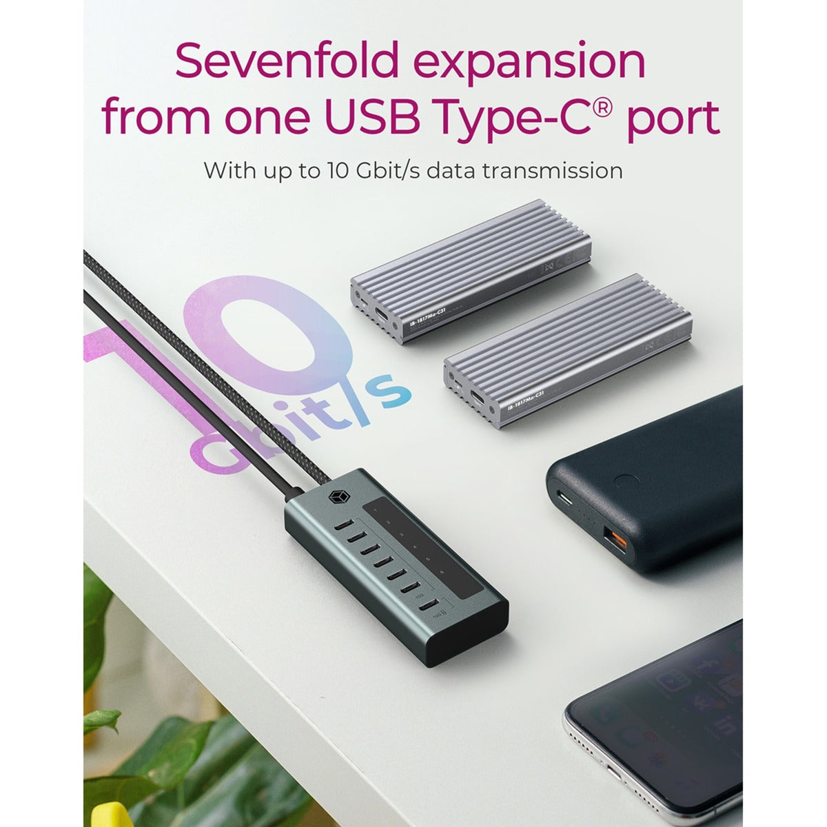 ICY BOX 7-port usb-c 3.2 gen 2 usb-hub (blauwgrijs)
