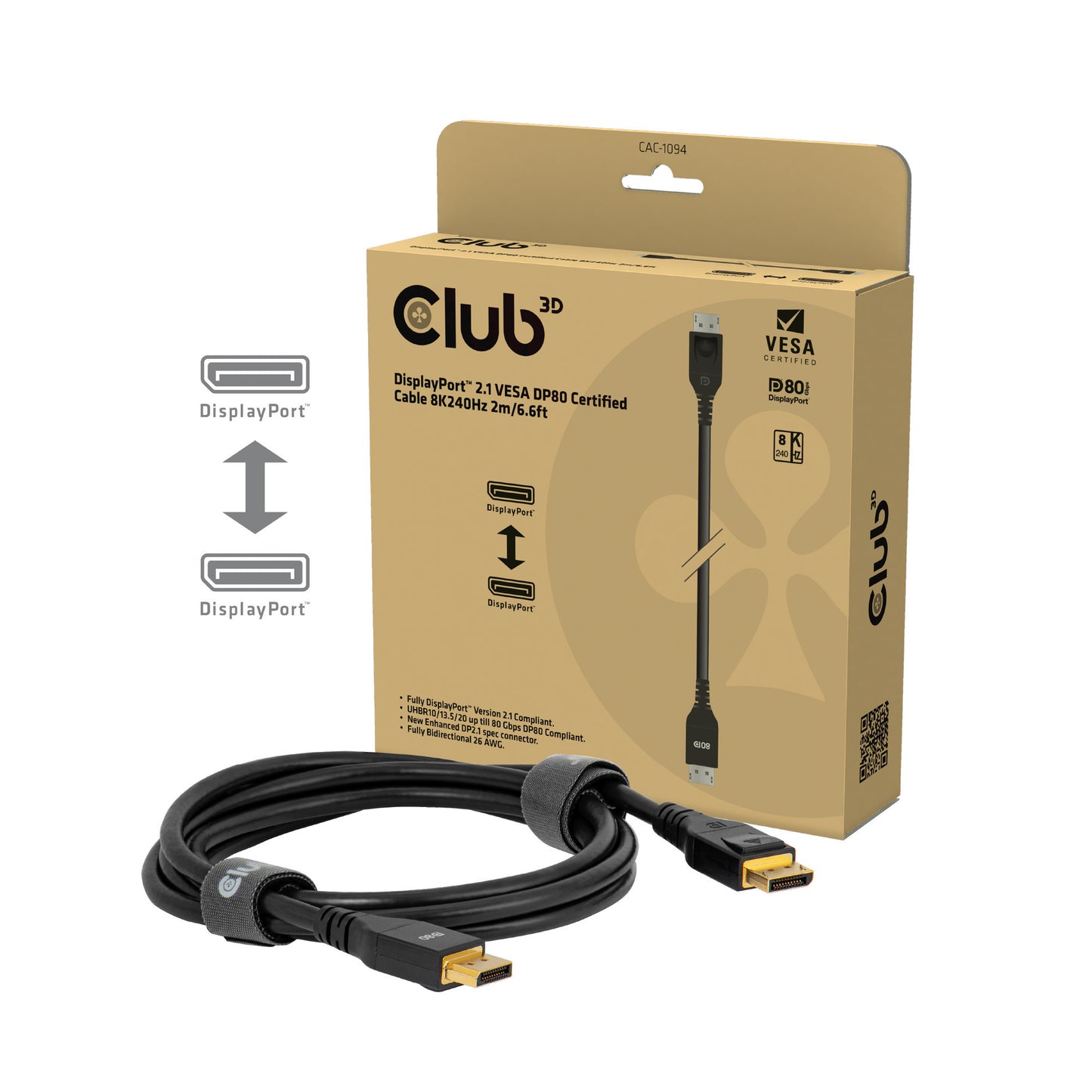 Club 3D displayport 2.1 vesa dp80 gecertificeerde kabel male-male (zwart, 2 meter, 8k 240hz, 10k 60hz, 80gbps)