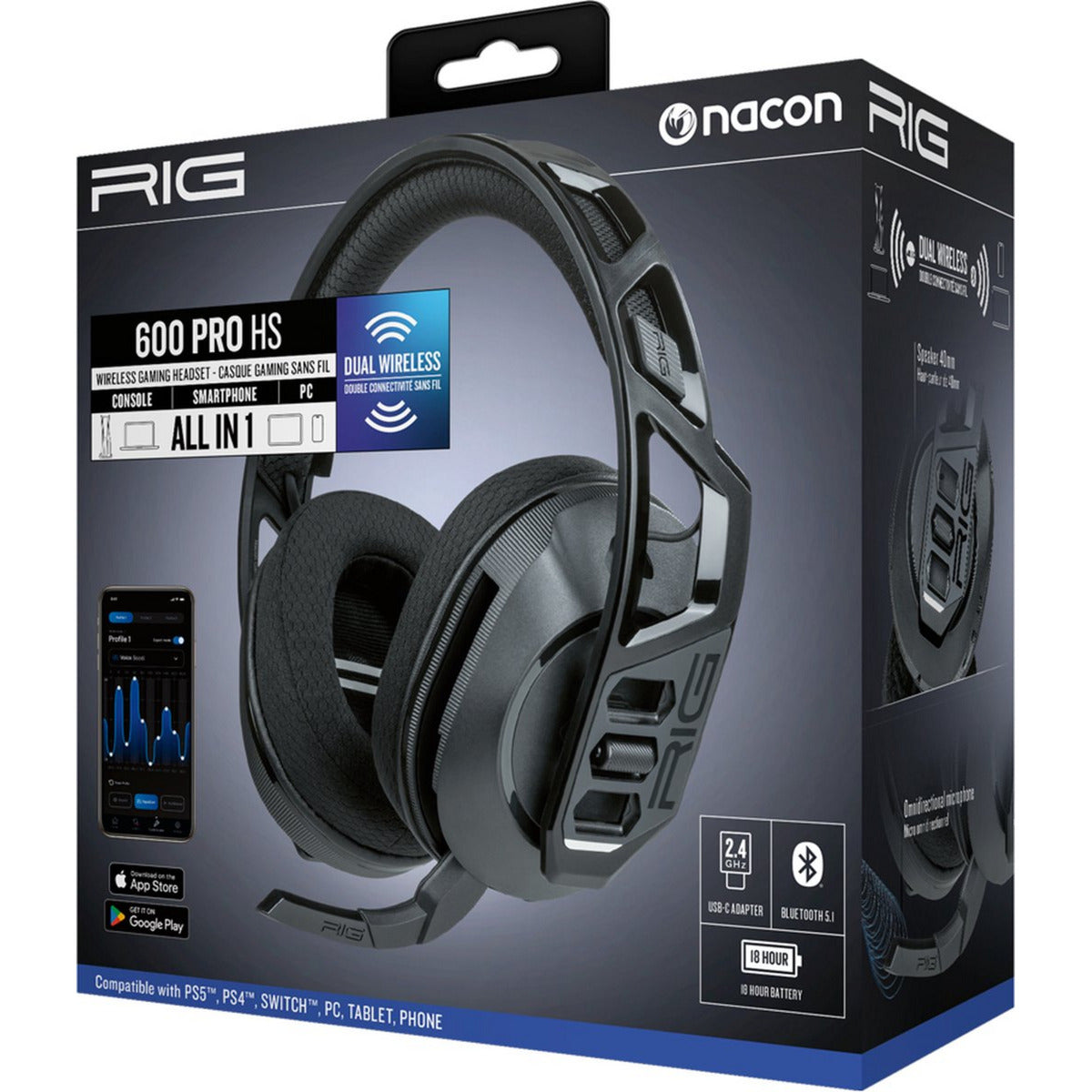Nacon rig 600 pro hs over-ear gaming headset (zwart, playstation 5, playstation 4, windows, nintendo switch, android, ios)