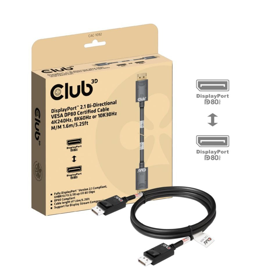 Club 3D displayport 2.1 vesa dp80 gecertificeerde kabel male-male (zwart, 1,6 meter, 8k 240hz, 10k 60hz, 80gbps)