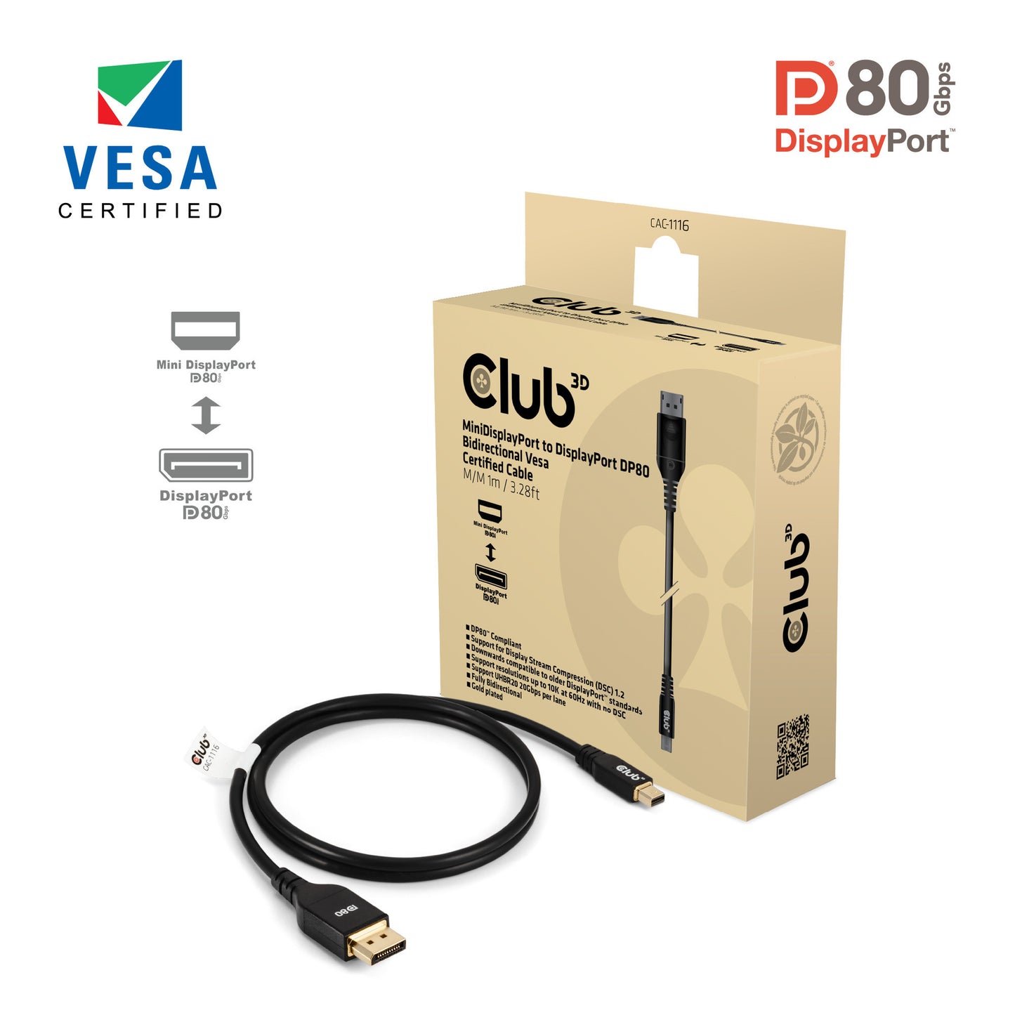 Club 3D minidisplayport naar displayport dp80 bidirectioneel adapter (zwart, 1 meter, vesa-gecertificeerd)