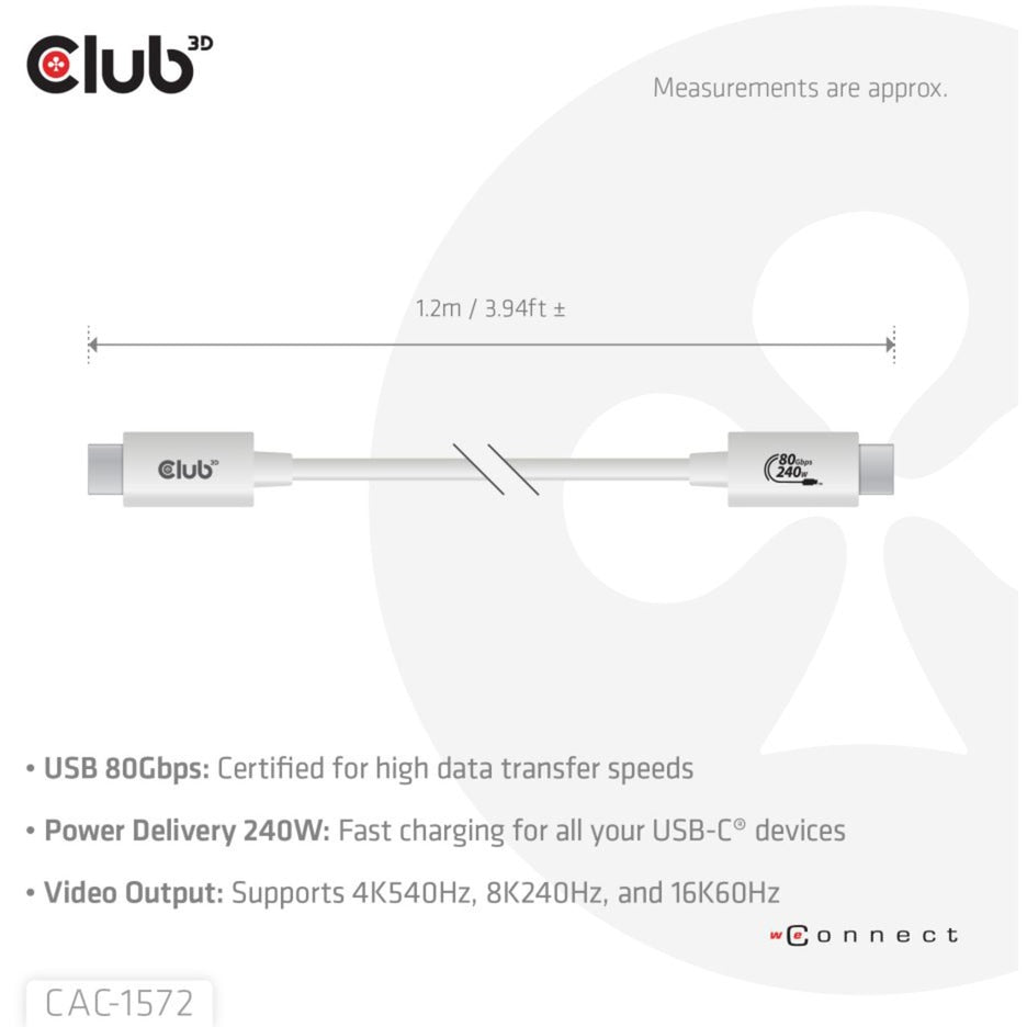 Club 3D usb-c 80gbps certified 240w 8k 240hz kabel (wit, 1.2m)