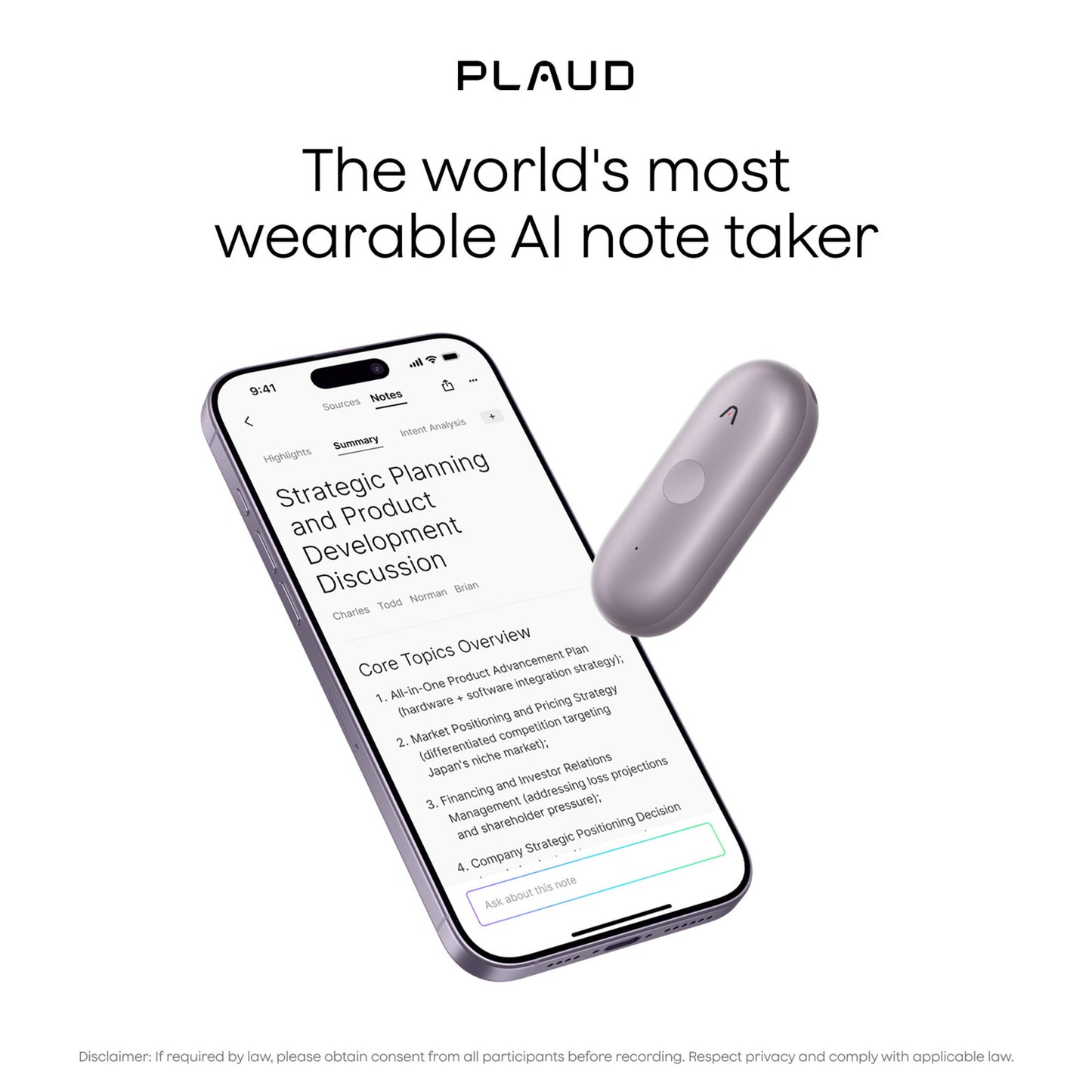 Plaud NotePin S dicteerapparaat (Paars, 64 GB, Bluetooth 5.2 BLE (Bluetooth Low Energy) Wi-Fi)