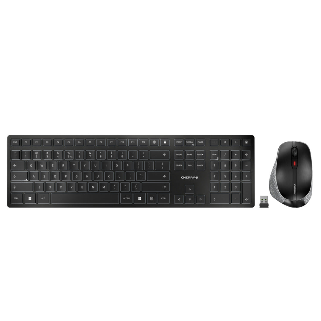 CHERRY dw 9500 slim draadloze desktopset (zwart, eu lay-out (qwerty), scissor switches, 100%, 3.000 dpi, 2.4 ghz bluetooth 4.2)