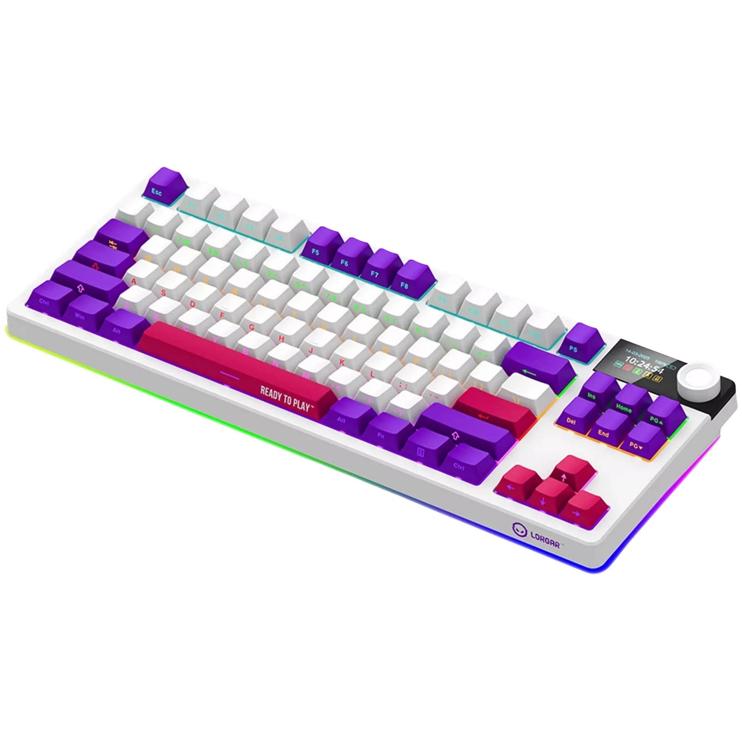 LORGAR kbp70tklw rgb mechanisch gaming toetsenbord (wit, us lay-out (qwerty), logar toxic purple, 80% (tkl), rgb, hot-swappable, pbt double-shot, bluetooth | 2.4ghz | usb)