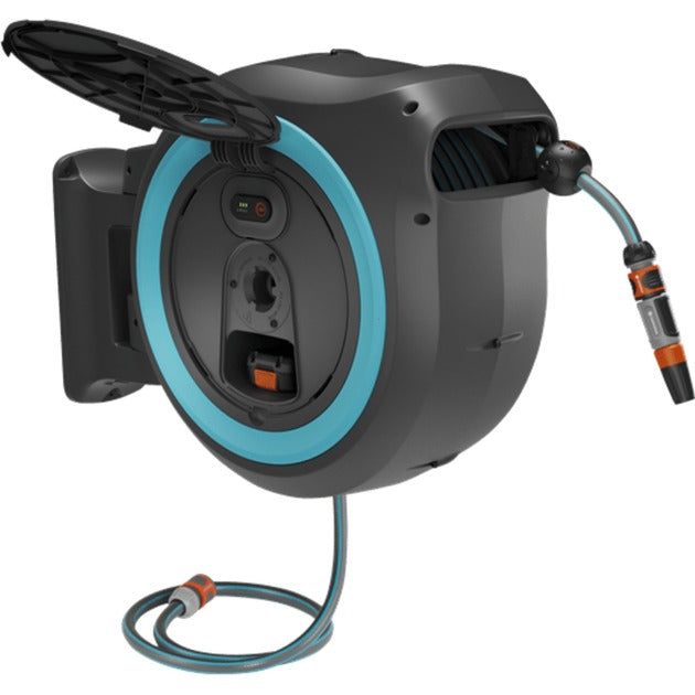 GARDENA 35 m wand-slangenbox powerroll xl slanghaspel (grijs turquoise, 35 meter, accu en oplader inbegrepen, power for all alliance)