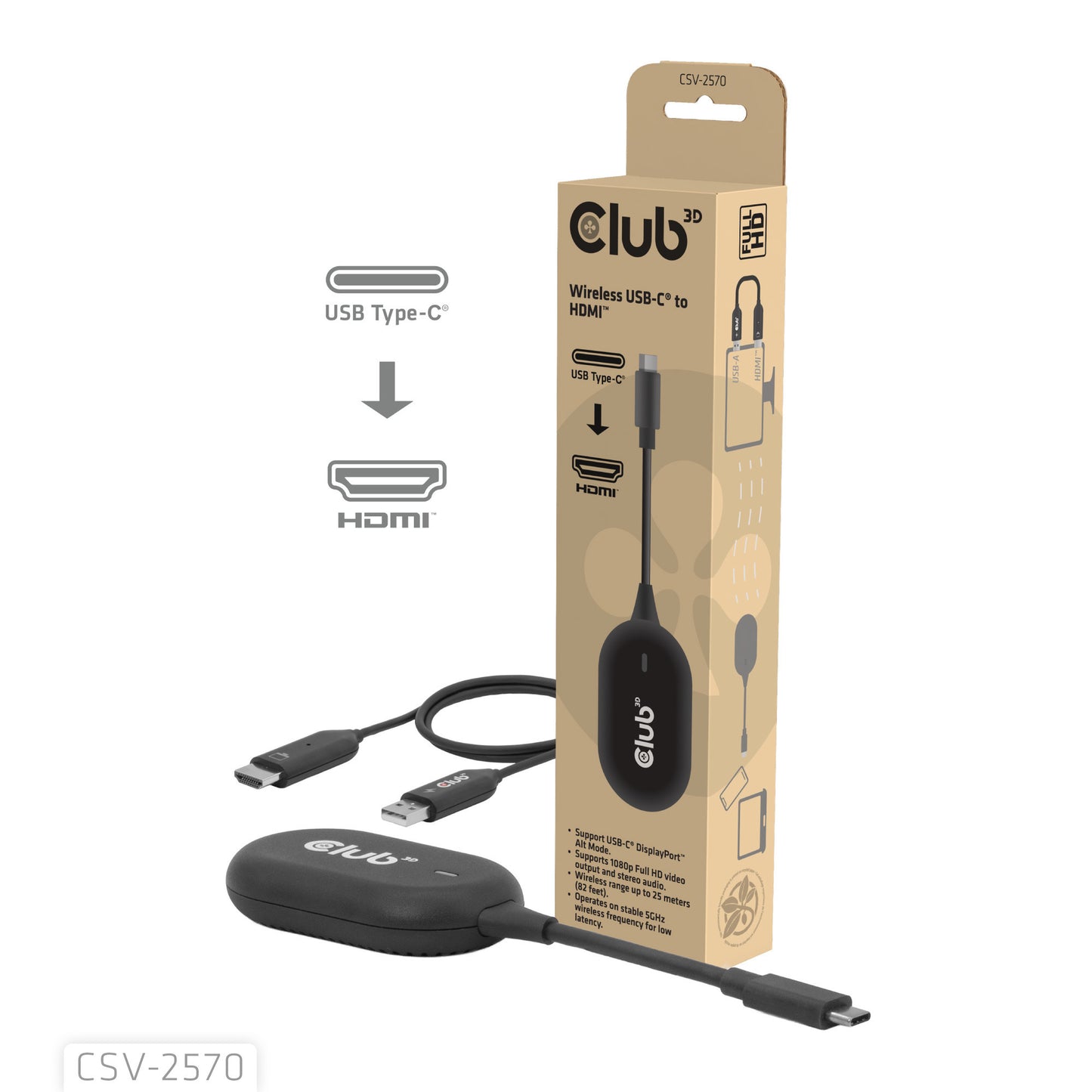 Club 3D wireless usb-c to hdmi transmitter and receiver adapter (zwart)