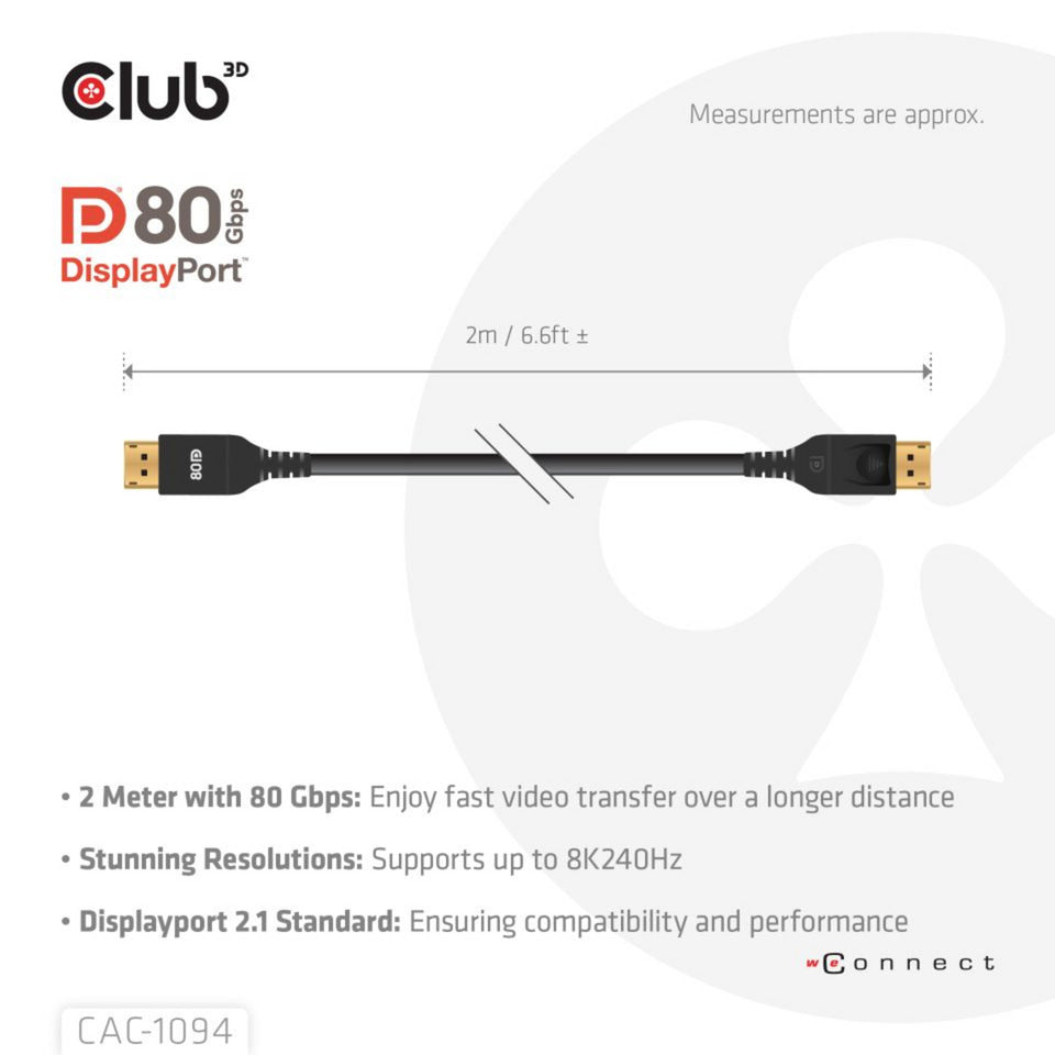 Club 3D displayport 2.1 vesa dp80 gecertificeerde kabel male-male (zwart, 2 meter, 8k 240hz, 10k 60hz, 80gbps)