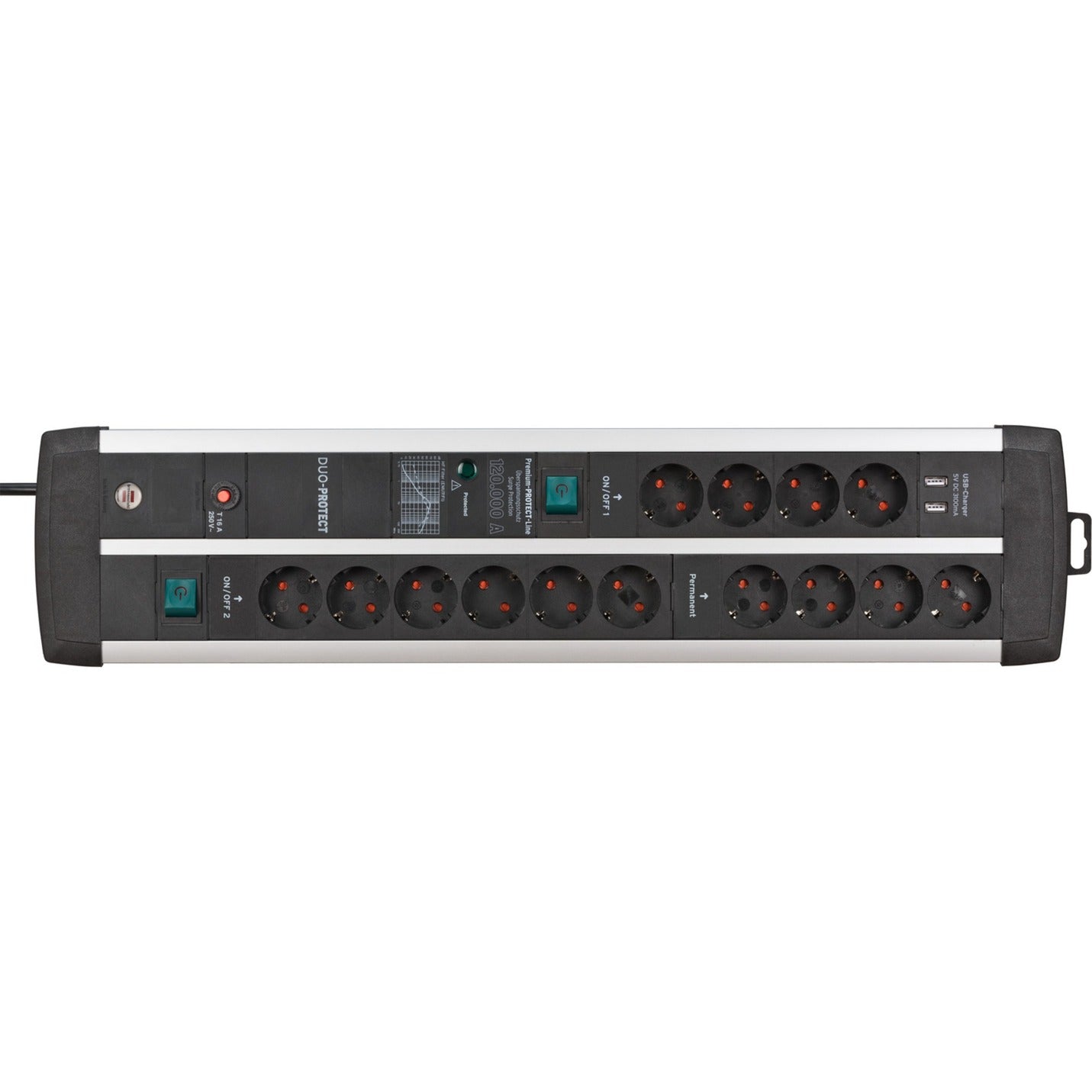Brennenstuhl premium-protect-line 120.000a duo stekkerdoos 14-voudig met overspanningsbeveiliging en usb stekkerdoos (zwart zilver, 2x usb, 3 meter)