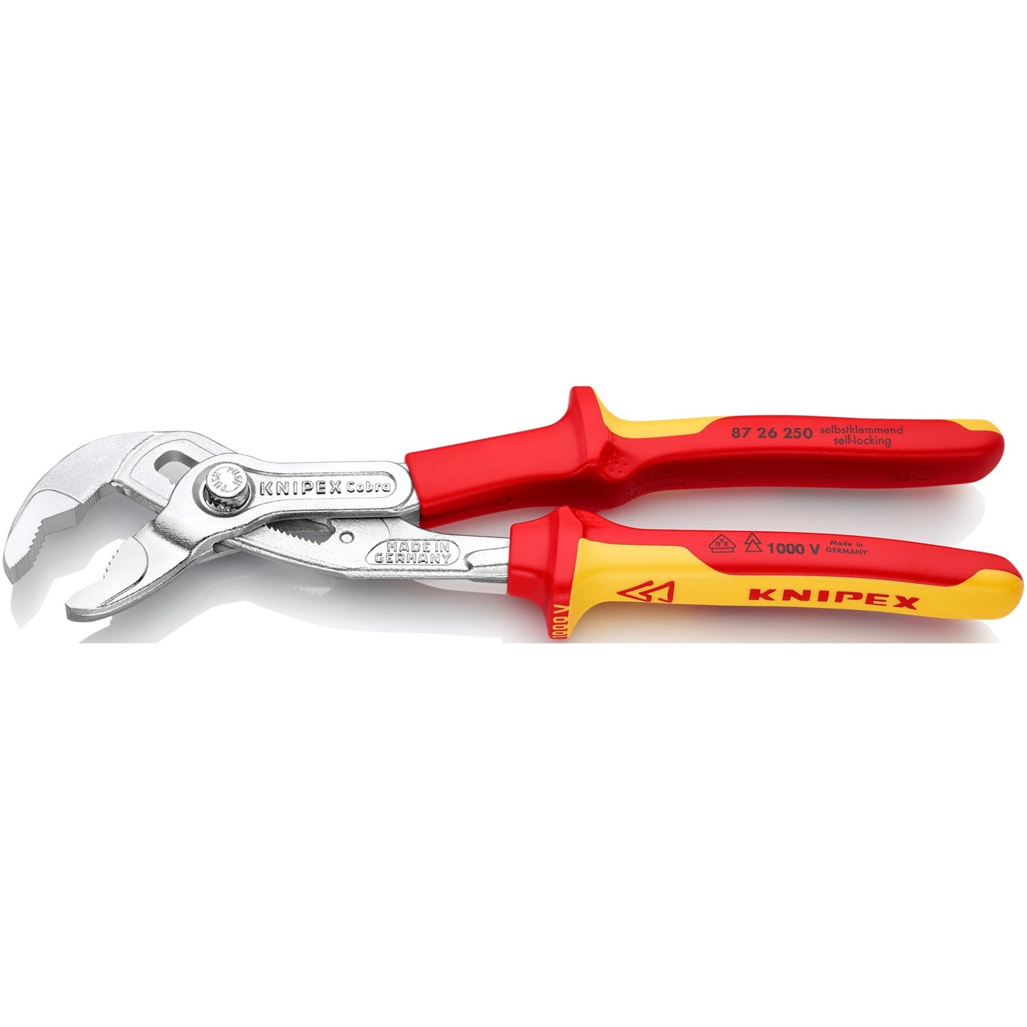 KNIPEX cobra vde hightech-waterpomptang 87 26 250 zweedse- waterpomp-tang (rood geel, getande grijpvlakken, doorgestoken scharnier )