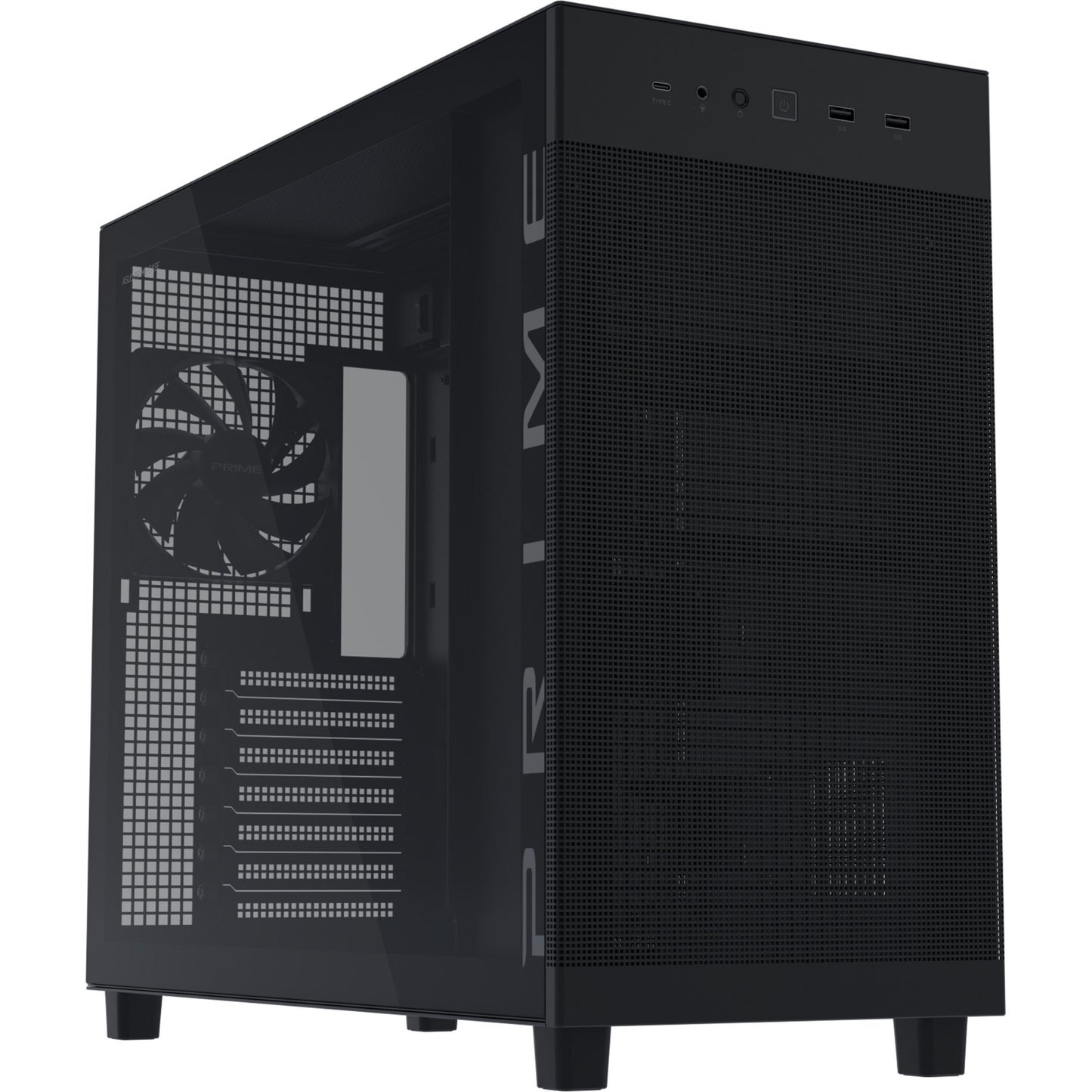ASUS prime ap303 - tempered glass panel midi tower behuizing (zwart | 2x usb-a | 1x usb-c | tempered glass)