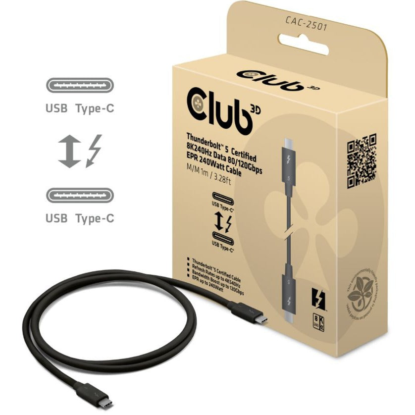 Club 3D thunderbolt 5 gecertificeerde 8k240hz kabel (zwart, data 80 120 gbps, epr 240 watt,1 meter)